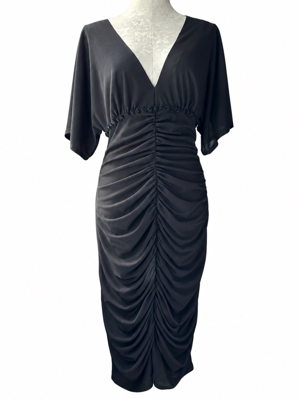 David Meister Black Ruched Beaded Midi Cocktail Dress Size 12 Elegant Evening